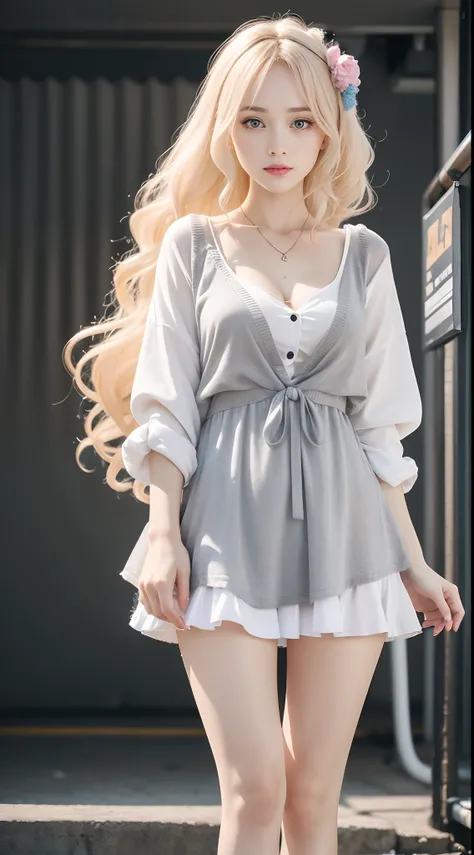 Aggressive burglars and her，Mini white dress in the wind，40k，photography of，tmasterpiece，Best quality at best，dark grey background，Behind，sfv，（1girl blue eyes and blonde hair soon curly），Butt until waiting to be worn，facing to audience，（Cardigan half shirt...