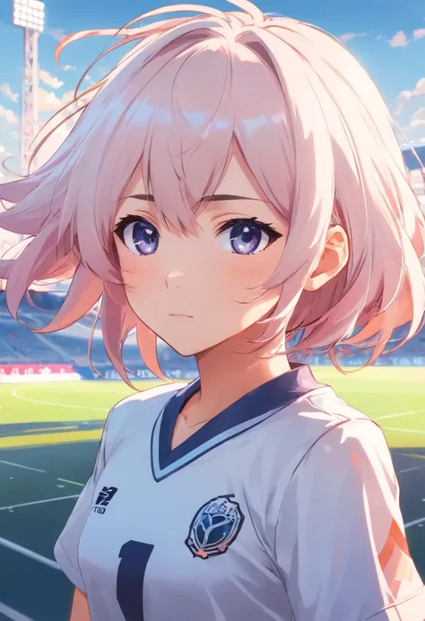 (cabelo longo branco), menina anime, Do Astolfo,uniforme de futebol,olhos rosa.