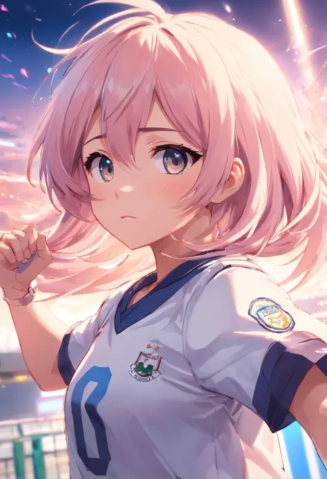 (cabelo longo branco), menina anime, Do Astolfo,uniforme de futebol,olhos rosa.