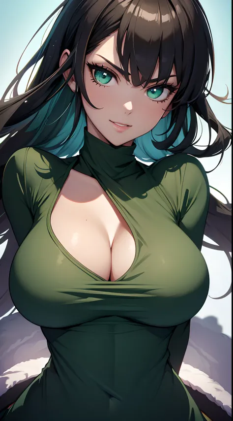 （best qualtiy，8K，32K，tmasterpiece，hyper HD：1.3），1个Giant Breast Girl，perfect bodies，Super detailed face，Bust photo，Large breasts，Black hair，Green clothes，upperbody closeup，ssmile，looks into camera，cleavage