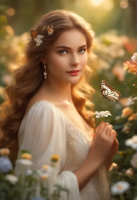 (highres,realistic),beautiful girl with sparkling eyes and a warm smile,wearing a flowing white dress,standing in a vibrant garden(full of colorful flowers and lush greenery),bathed in soft golden sunlight and surrounded by butterflies and birdsong. The gi...