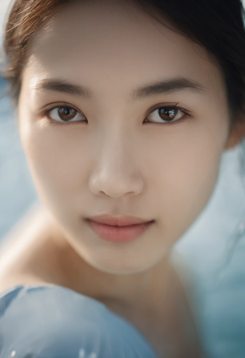 This is a close-up front view portrait of a 20-year-old beautiful Japanese girl, photographed by Hidemi Shimura. The image captures the girl with water on her face, with soft lighting that emphasizes her innocent and pure eyes, highlighting every detail. ,...