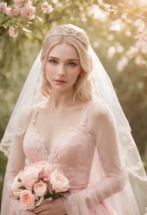 (Full body photo of 1 girl dressed as a bride，Wearing a large transparent veil and a pink dress + Soft and delicate + blond hairbl)+(Long dress in bright colors, bright light, long straight blond hair + Bright and welcoming eyes)+(Pink petals + light wind ...