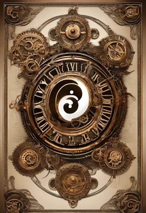 Yin Yang symbol logo with steampunk theme, lot of fog coming from gear, 3d logo,