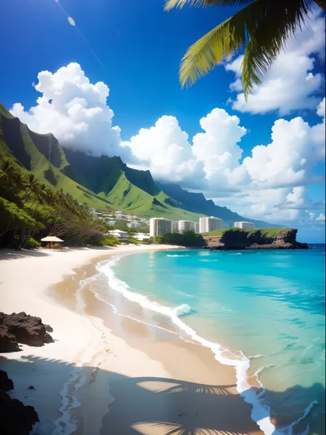 Private beach in Hawaii、blue-sky、shining water surface、gentle waves、White sandy beach