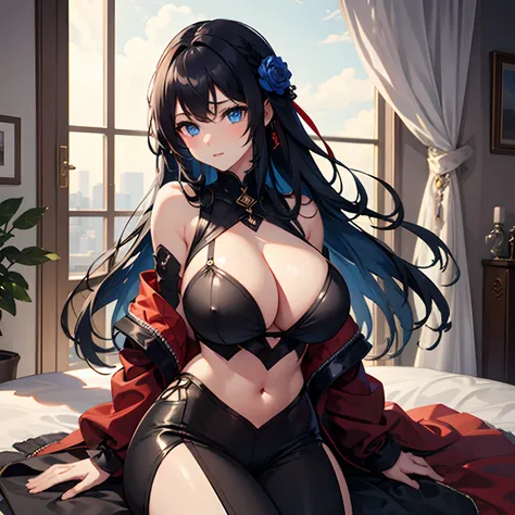 Best Quality, Masterpiece: 1.2, Ultra Detail, 1girl, Long hair, level view, black-blue hair, blue eyes, huge breasts, Modern clothes