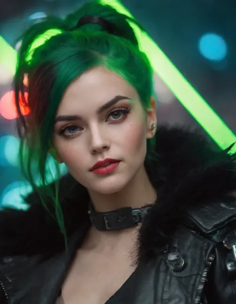 extreme closeup portrait of beautiful (80s cyberpunk:1.3)， woman (ChloeNobodySD15)， neon， green hair pigtails， lips pressed (serious:1.2) look (bright side light rim light:1.2) net runner jacket ，deep dark shadows ，dramatic ，camera angle， high contrast col...