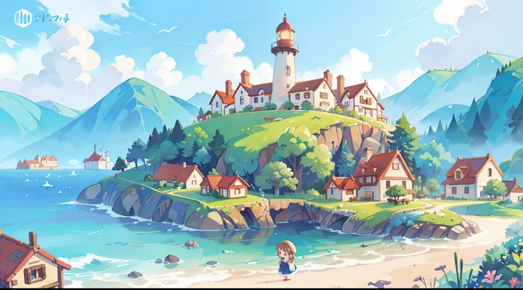 ((picture book illustration)), ocean fantasy, watercolor illustration, whimsical, warm colors, village, houses, huge lighthouse, ((masterpiece)), highly detailed environment