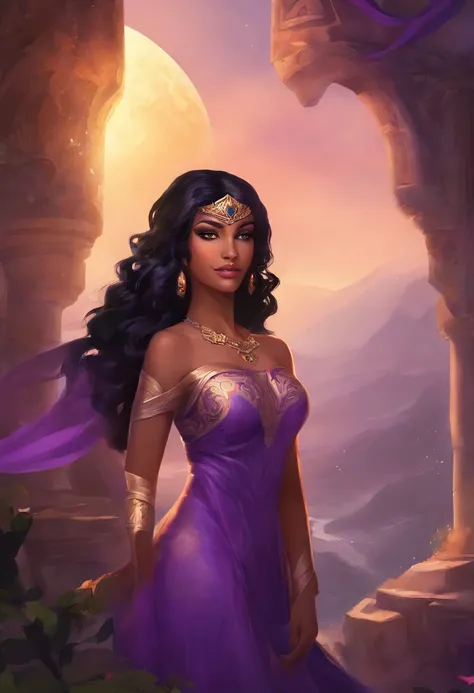 pinup, beautiful woman, half-elf, (((black hair))), (((purple eyes))), violet eyes, ((light brown skin)), long hair, dark gothic makeup, (thicc), (enormous breasts), small pointy ears, (Persian), Arab, fantasy vista background