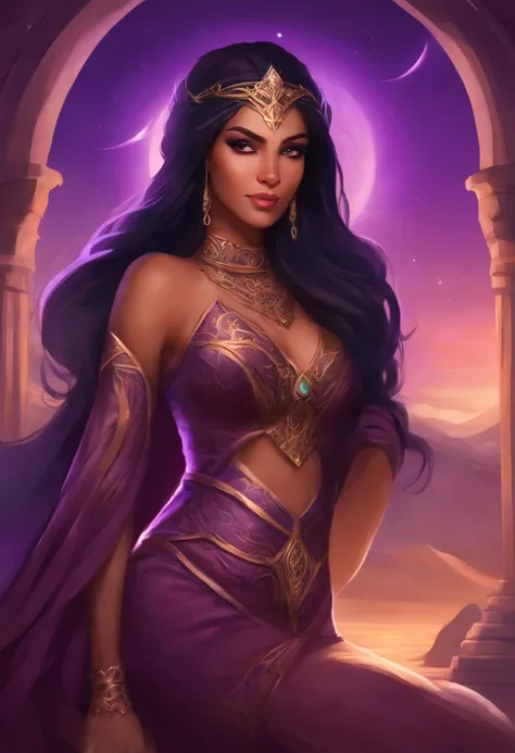 pinup, beautiful woman, half-elf, (((black hair))), (((purple eyes))), violet eyes, ((light brown skin)), long hair, dark gothic makeup, (thicc), (enormous breasts), small pointy ears, (Persian), Arab, fantasy vista background