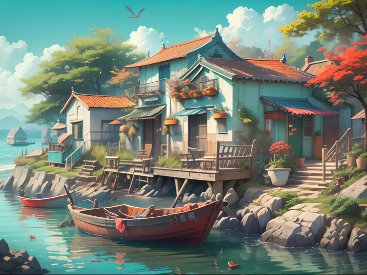 Seaside cottage, Blue sky, baiyun, small boats, the detail, k hd, best qualityer.