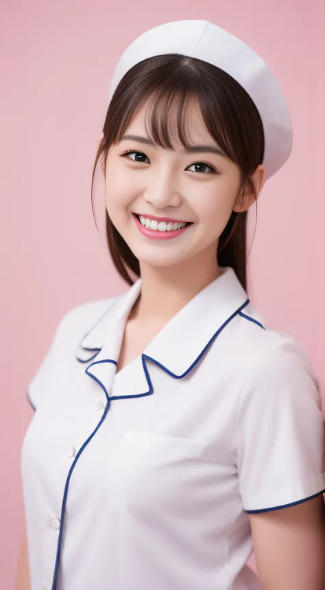 Miss Cabaret、White nurse uniform、organization、hiquality、A hyper-realistic、healthy、Smiling expression、Slender perfect figure、Japan beauties、beautidful eyes、face perfect、Beautiful skin、Pink background