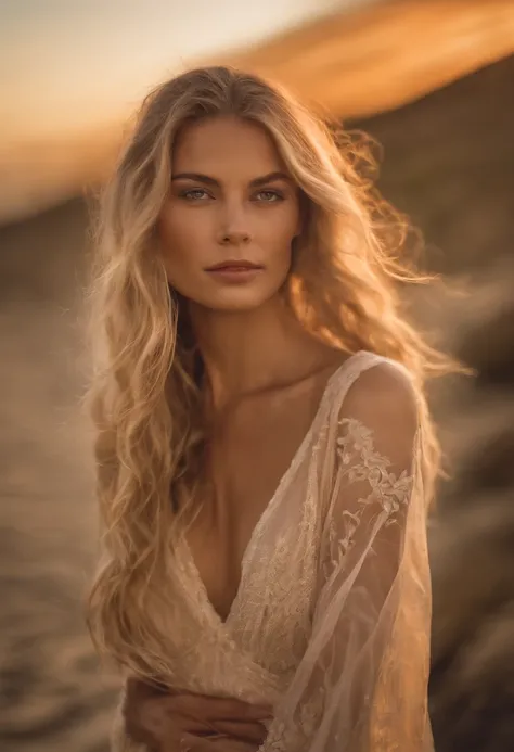 Our captivating woman with extra long wavy blonde hair and mesmerizing eyes stands on a windswept beach during a vibrant sunset. Her hair dances in the breeze, and her eyes sparkle in the warm, golden light. The scene is filled with the tranquil sounds of ...