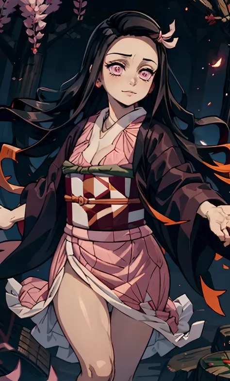 rialistic photo、Real Images、Top image quality、​masterpiece, (Pink kimono), seductived faced, Kamado nezuko with horns、Demon Kamado Nezuko、Adult charm of Kamado Nezuko、The hem is disheveled, revealing white panties.、A sexy、crotch open、blanche、good lighting,...