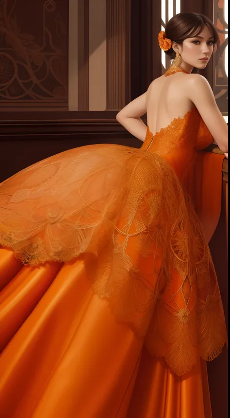 Close-up of a woman in an orange tights on board, a digital rendering inspired by Hedi Xandt, Tumblr, Art Nouveau, Delicate orange dress, Elaborate dress, Orange delicate lace shape, intricate body, intricate fantasy dress, intricate outfits, Luxury dress,...