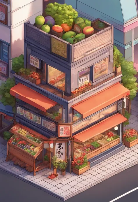 Overlooking 45 degrees，Small Japanese fruit shop, cellshading