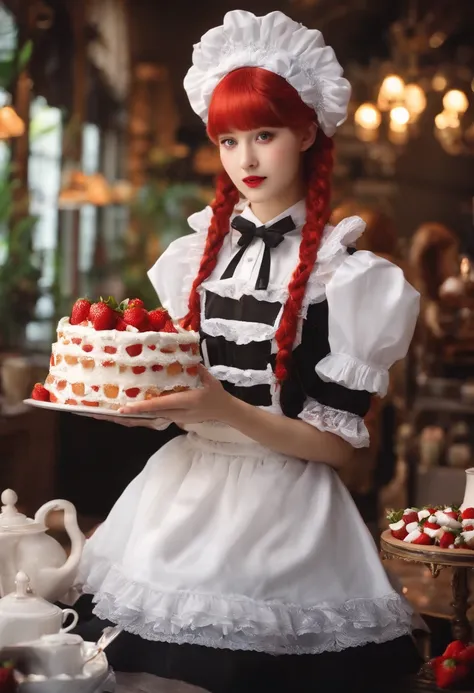 Promotional photo, the place is a coffee shop, 1 girl, 16-year-old face, waitress carrying cake to the table, red-haired twin tails, gentle face, half costume of gothic lolita and maid costume with the image of strawberries, clothes based on white,