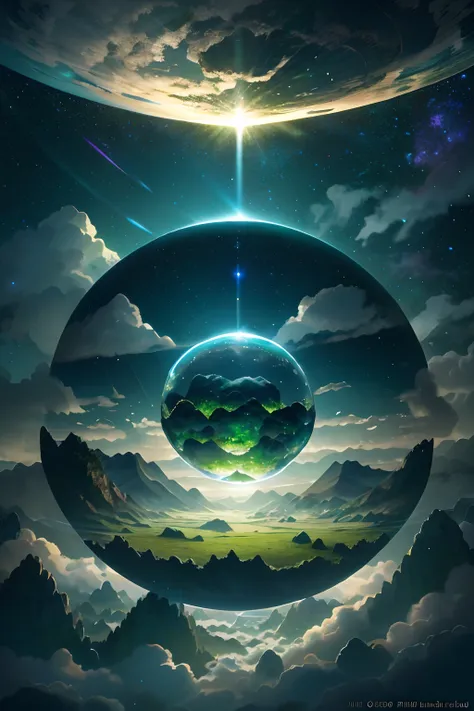 A giant mirror sphere floating in space, flickering lights, sad hamster lost (heaven like green fields surrounded by high mountains and clouds:1.3), particles in the air, god rays, stars in the background, intricate fractals, detailed, (illustration), mast...