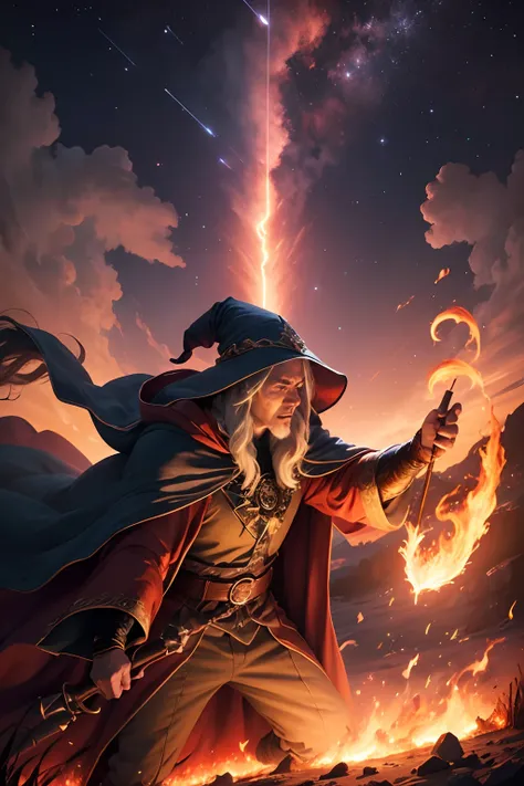 wizard conjuring meteor shower, in an epic scene, action photo, 8k footage, fire red sky,