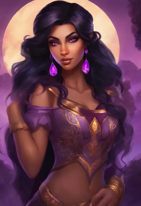 pinup, beautiful woman, half-elf, (((black hair))), (((purple eyes))), violet eyes, light brown skin, long hair, dark gothic makeup, (thicc), (enormous breasts), small pointy ears, Persian, western fantasy vista background