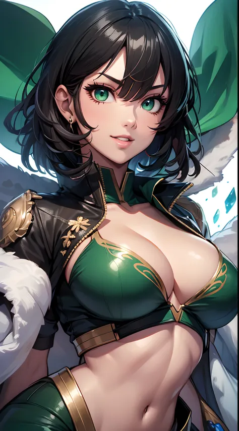 （best qualtiy，8K，32K，tmasterpiece，hyper HD：1.3），1个Giant Breast Girl，perfect bodies，Super detailed face，Bust photo，Large breasts，Black hair，Green clothes，upperbody closeup，ssmile，looks into camera，cleavage