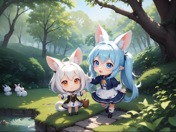 There are small white rabbits with carrots and long ears,  White long ears、Im with a girl with long blue hair and a chibi character。It is a cute costume in white and blue。Dark eyes。cute forest creature, Cute mushrooms also grow、Adorable Digital Painting, c...