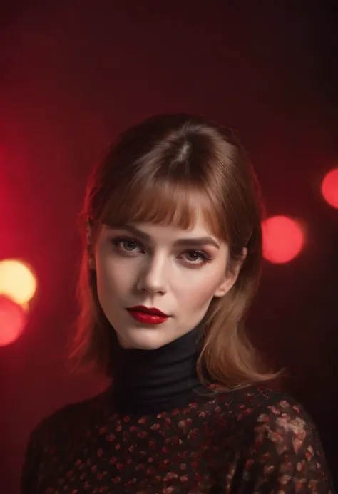 woman with collected hair and flashy makeup, 70s style model pose, turtleneck top, red lights, half length shot, high quality photo, medium shot