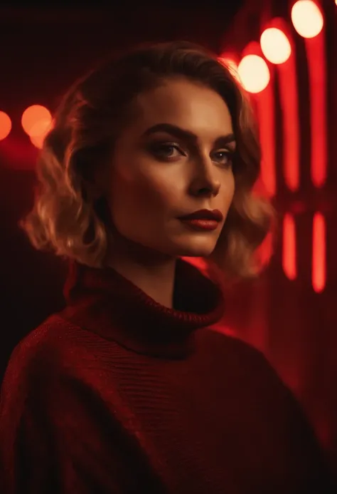 woman with collected hair and flashy makeup, 70s style model pose, turtleneck top, red lights, half length shot, high quality photo, medium shot