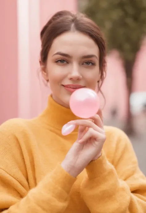 A hyperealistic photograph smiling young woman blowing bubble gum up in high heels and yellow sweater against pink background, in the style of patricia piccinini, minimalist backgrounds, flickr, loretta lux, noise photography, emotive faces, daniela uhlig,...