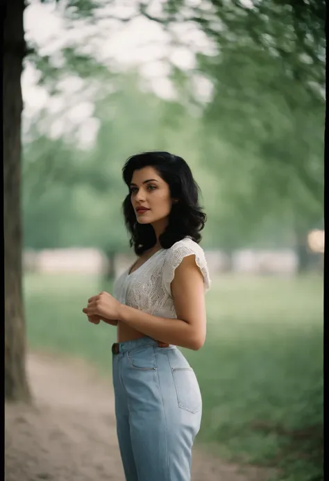 a young woman with Short black hair standing outside, in the style of cool,White blouse, baggy denim pants, zeiss planar t* 80mm f/2.8, kodak portra, uhd image, sovietwave, distinct facial features