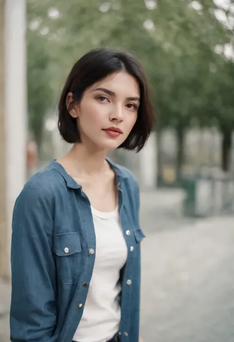 a young woman with Short black hair standing outside, in the style of cool,White blouse, baggy denim pants, zeiss planar t* 80mm f/2.8, kodak portra, uhd image, sovietwave, distinct facial features