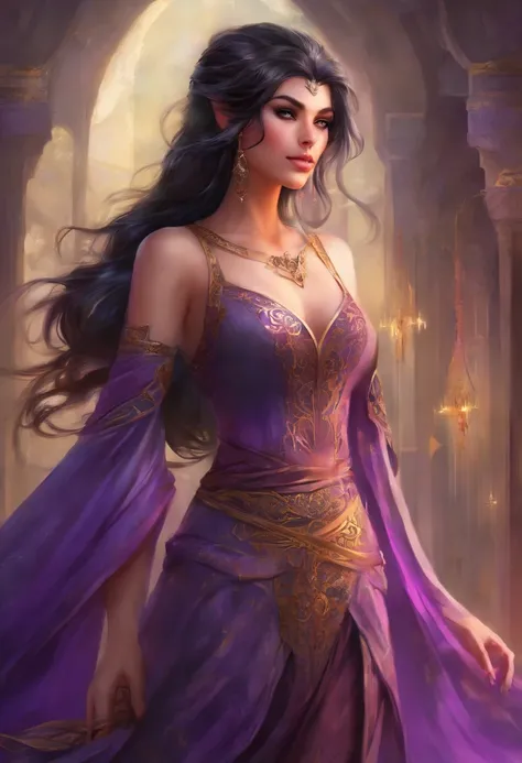 modelshoot style, (extremely detailed CG unity 8k wallpaper), full shot body photo of the most beautiful artwork in the world, beautiful woman, (((vivid purple eyes))), half-elf female wizard, conservatively dressed, modestly dressed, (buttoned up black sl...