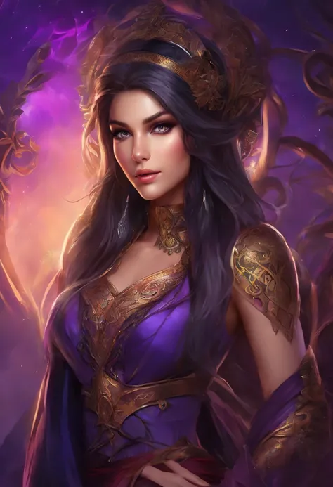 modelshoot style, (extremely detailed CG unity 8k wallpaper), full shot body photo of the most beautiful artwork in the world, beautiful woman, (((vivid purple eyes))), half-elf female wizard, conservatively dressed, modestly dressed, (buttoned up black sl...