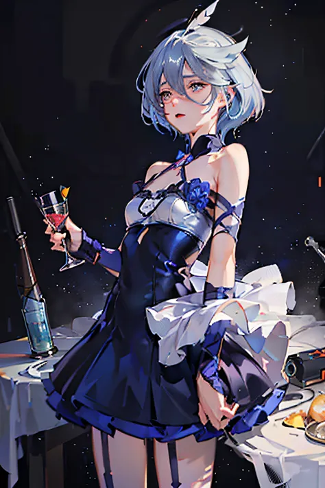 ((ultra detailed perfect piece)), illustration, masterpiece, (extremely detailed CG 8k), (very fine 8K CG),(1girl), (((blue hair))), (blue eyes), sparkling, (pixie cut), redhair ribbon, small breasts,(dead drunk:1.6),holding a cocktail glass,v-neck dress,