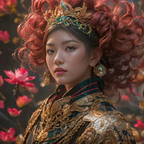 32K（tmasterpiece，k hd，hyper HD，32K）curlies，Flowing rouge，ponds，zydink， a color，  Liaoning people （Silly girl）， （Silk scarf）， Combat posture， looking at the ground，  Flowing rouge curls，Green emerald headdress， Chinese long-sleeved pink gold garment， （abstr...