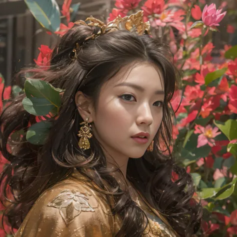 32K（tmasterpiece，k hd，hyper HD，32K）curlies，Flowing rouge，ponds，zydink， a color，  Liaoning people （Silly girl）， （Silk scarf）， Combat posture， looking at the ground，  Flowing rouge curls，Green emerald headdress， Chinese long-sleeved pink gold garment， （abstr...