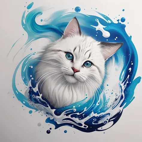 Criar arte fofa de gato arranhando bola de pelo, muito fofo, muito colorido, corres vivas, liquid ink, Splash, obra prima, perfeito, fundo Branco