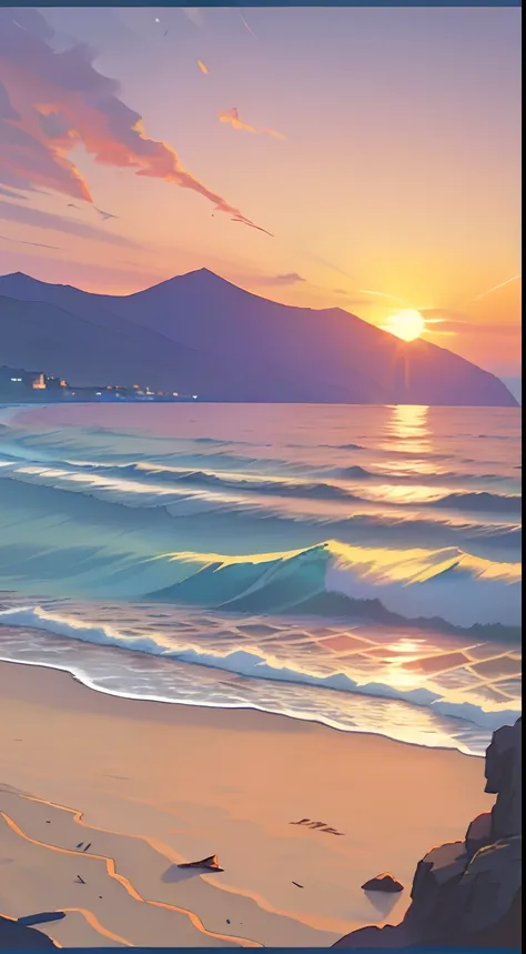 ((landscape with sunset:1.2, sea:1.1, beach:1.1)), extreme detailing, best quality, vibrant colors, dynamic positioning, light reflection, wide perspective, summer weather, mountainous background)