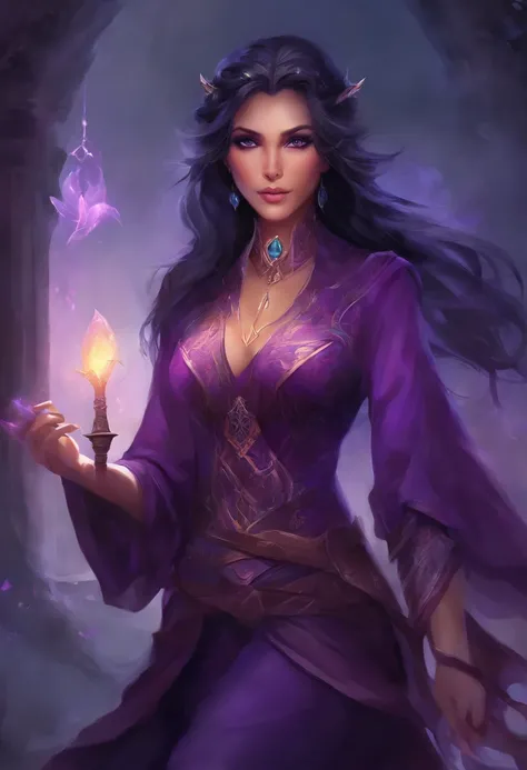 (((vivid purple eyes))), half-elf female wizard, black coat, (purple sleeves), (tight grey pants), (purple silk scarf), tied back silky shoulder length detailed black hair, (dark gothic makeup), very light brown skin, (enormous breasts), small pointy ears,...