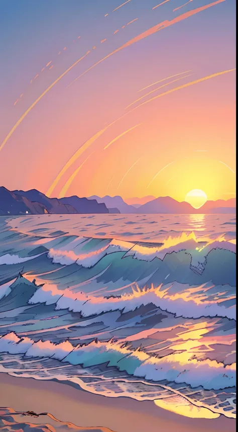 ((landscape with sunset:1.2, sea:1.1, beach:1.1)), extreme detailing, best quality, vibrant colors, dynamic positioning, light reflection, wide perspective, summer weather, mountainous background)