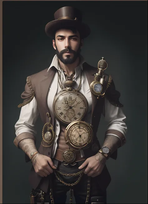 Araffe Man in Steampunk costume with a watch and chains, steampunk aesthetic, Retrato masculino Steampunk, Clockpunk, tecnologia Steampunk, steampunk imagery themed, usando trajes Steampunk, estilo Steampunk, roupas Steampunk, cyberpunk Steampunk, Steampun...