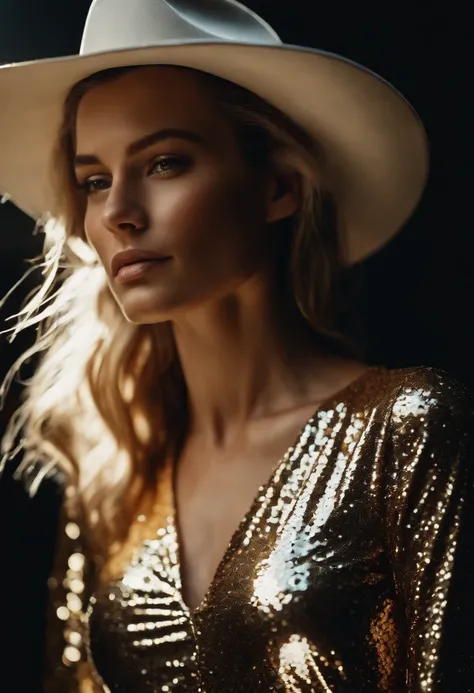 woman in shiny sequin dress, silver and gold color, 90s style, half length shot, side light, high quality photo, cowboy shot