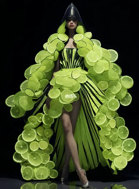 A woman in a green lemon slice dress，There are a lot of lemon slices, Dress made of lemon, Wearing a dress made of lime, Selena Gomez is made with lime,bedazzled fruit costumes, Lemon clothes, hermes ad, Lime, inspired by Ray Caesar, high fashion photograp...