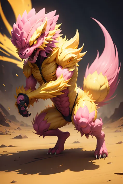 Pink flower monster, full body, yellow tones, Front view, attack posture, fierce look.