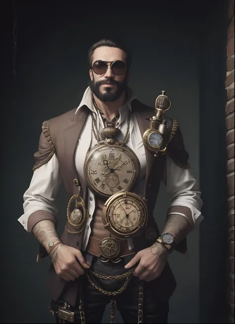 Araffe Man in Steampunk costume with a watch and chains, steampunk aesthetic, Retrato masculino Steampunk, Clockpunk, tecnologia Steampunk, steampunk imagery themed, usando trajes Steampunk, estilo Steampunk, roupas Steampunk, cyberpunk Steampunk, Steampun...