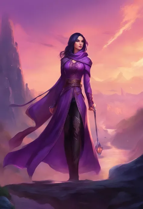 Dnd character portrait, (((purple eyes))), half-elf female wizard, black coat, purple sleeves, tight grey pants, purple silk scarf, black hair, (dark gothic makeup), very light brown skin, (enormous breasts), small pointy ears, wide hips, hourglass figure,...