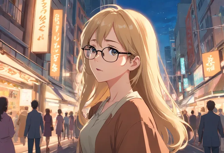 25 year old woman staring in amazement, standing still, . Woman in brown dress with long blonde hair and glasses, , In the middle of the city.