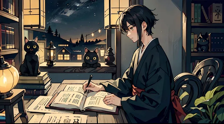 #Quality (intricate-detail、ultra-detailliert:1.2,cinematic shot),
#night sky (night landscape, darkness),
#one writing boy (16 male、writer,Honor Students、A dark-haired、short-hair、hakama,sit flat),
#black room (only one candle,books on desk,pretty tatami,a ...