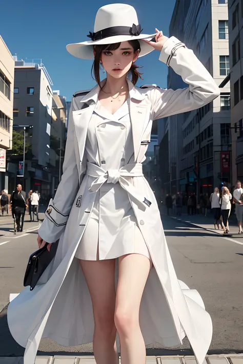 a pregirl，Wear a loose white trench coat，Has a pair of long legs，On campus，youthfulness，Have temperament,full bodyesbian,Best quality, Highly detailed