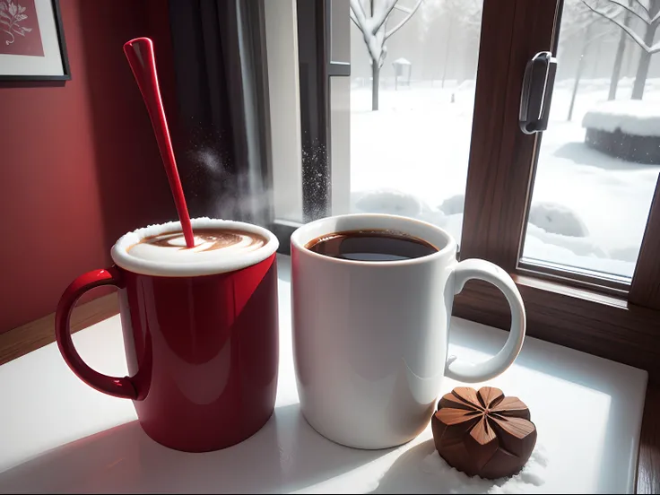 Two red mugs，The cup contains snowtop coffee，Room Spring Festival decoration style，Snow outside the window，the 3 d effect，Business style